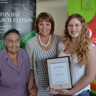 Indigenous elder Aunty Margaret, left, UQ Pro Vice-Chancellor (Indigenous Education) Professor Cindy Shannon and indigenous scholarship winner Taylah Gerloff. 